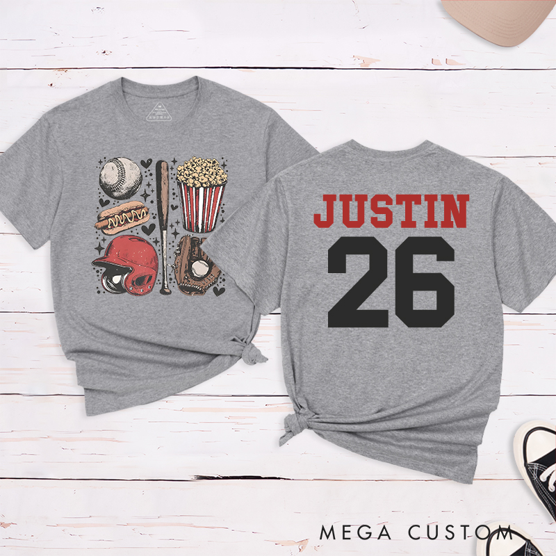 Personalized Sports Fan Tee with Baseball-Themed Graphics and Custom Text
