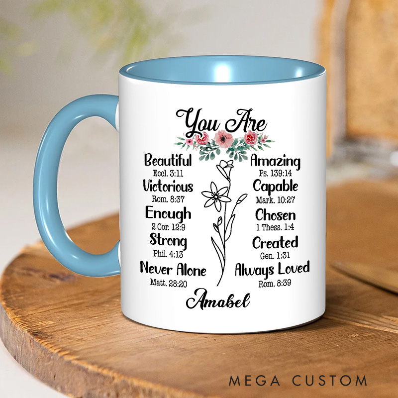 Personalized You Are Christian Ceramic Inner Color Mug with Name Bible Verse Coffee Mug Inspirational Gift Religious Gift Christian Gift for Women