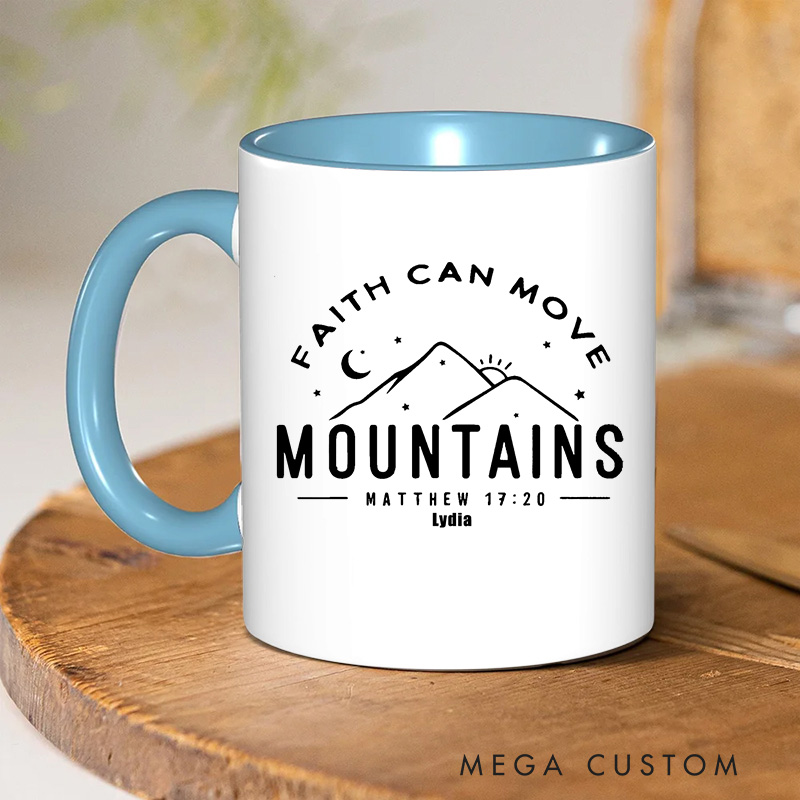 Personalized Faith Can Move Mountains Bible Verse Ceramic Inner Color Mug with Mountains and Stars Pattern Custom Name Mug Birthday Gift for Christians
