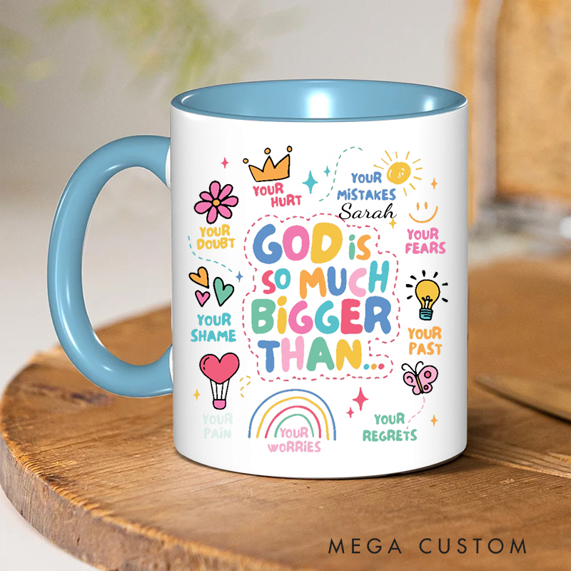Personalized God Is Bigger Bible Verse Inner Color Ceramic Mug with Name Birthday Religious Inspirational Gift for Christian