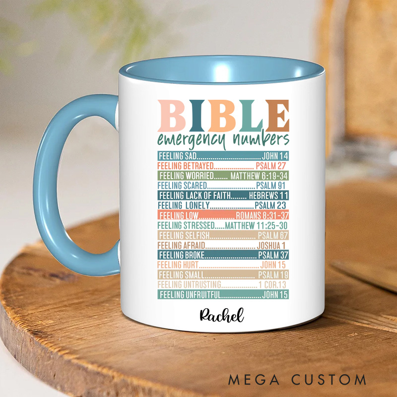 Personalized Multicolor Bible Emergency Numbers Ceramic Inner Color Mug with Name Religious Gift Birthday Gift for Women