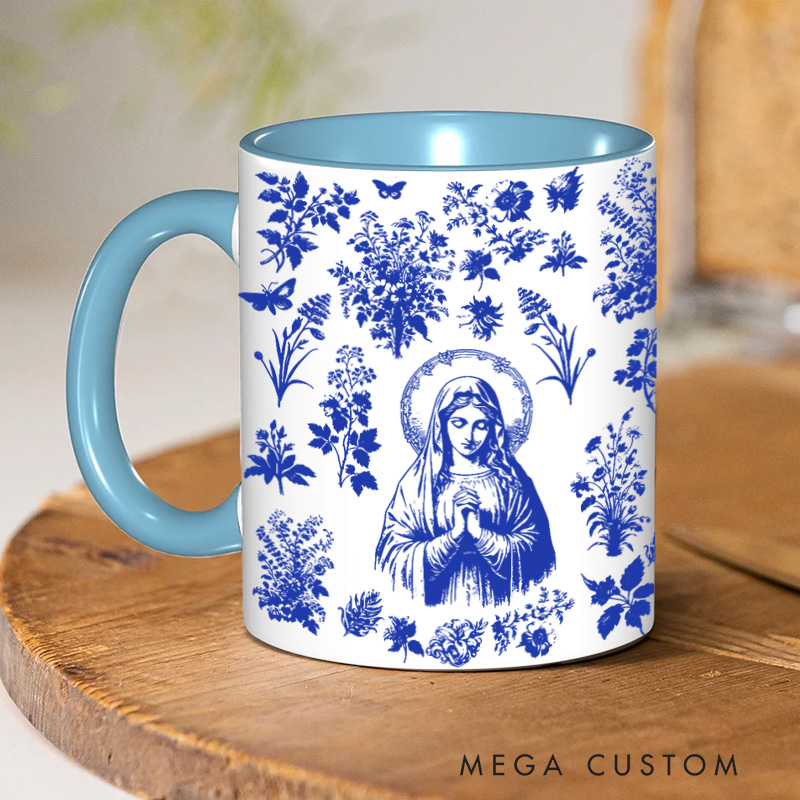 Personalized Catholic Virgin Mary Toile De Jouy 11oz Ceramic Mug with Name Our Lady Coffee Cup Vintage Floral Marian Mug Christian Gift for Women