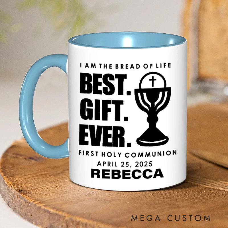 Personalized I am the Bread of Life 11oz Ceramic Mug with Name Funny Catholic Ceramic Inner Color Mug for Kids First Communion Gift for Godchild