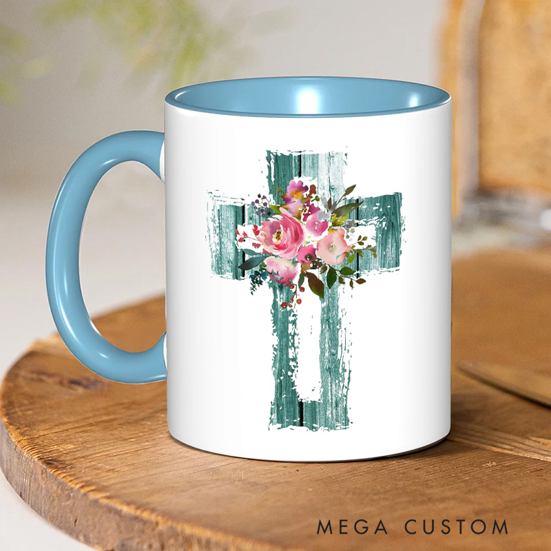 Personalized Pink Watercolor Florals and Teal Cross Christian Ceramic Inner Color Mug with Name Religious Gift Birthday Gift for Women
