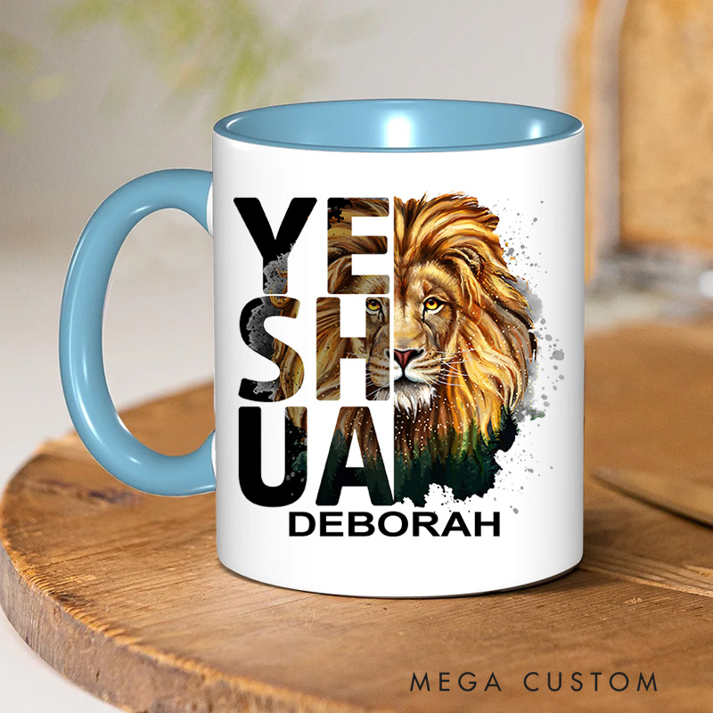 Personalized Bible Verse Classic Lion Imagery Christian Inner Color Ceramic Mug with Name Religious Gift Birthday Gift for Christian