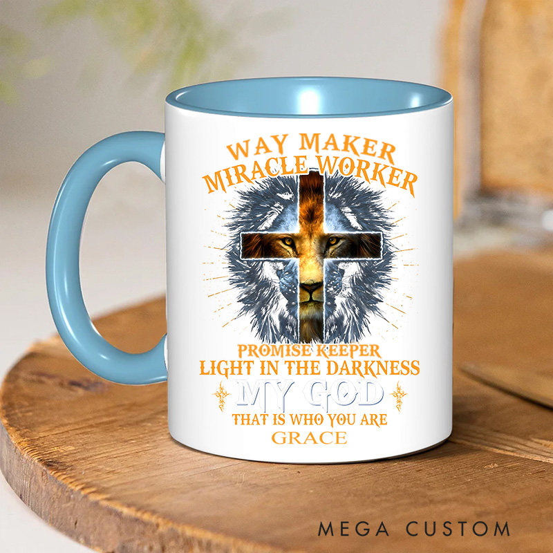 Personalized Cross Lion Bible Verse Inner Color Ceramic Mug with Name Birthday Religious Inspirational Gift for Christian