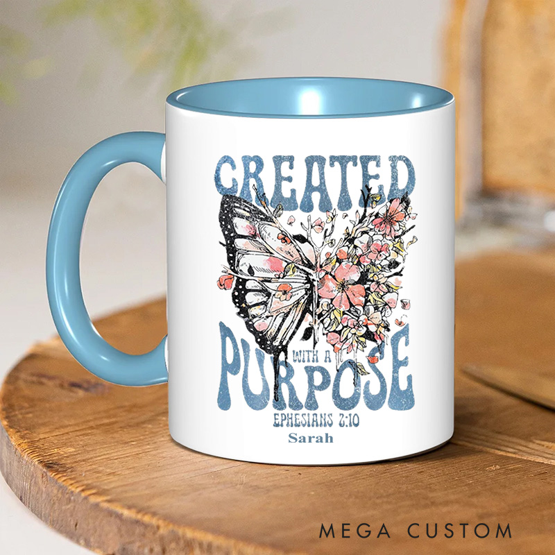Personalized Created With a Purpose Bible Verse Christian Inner Color Ceramic Mug with Name Religious Gift Birthday Gift for Christian