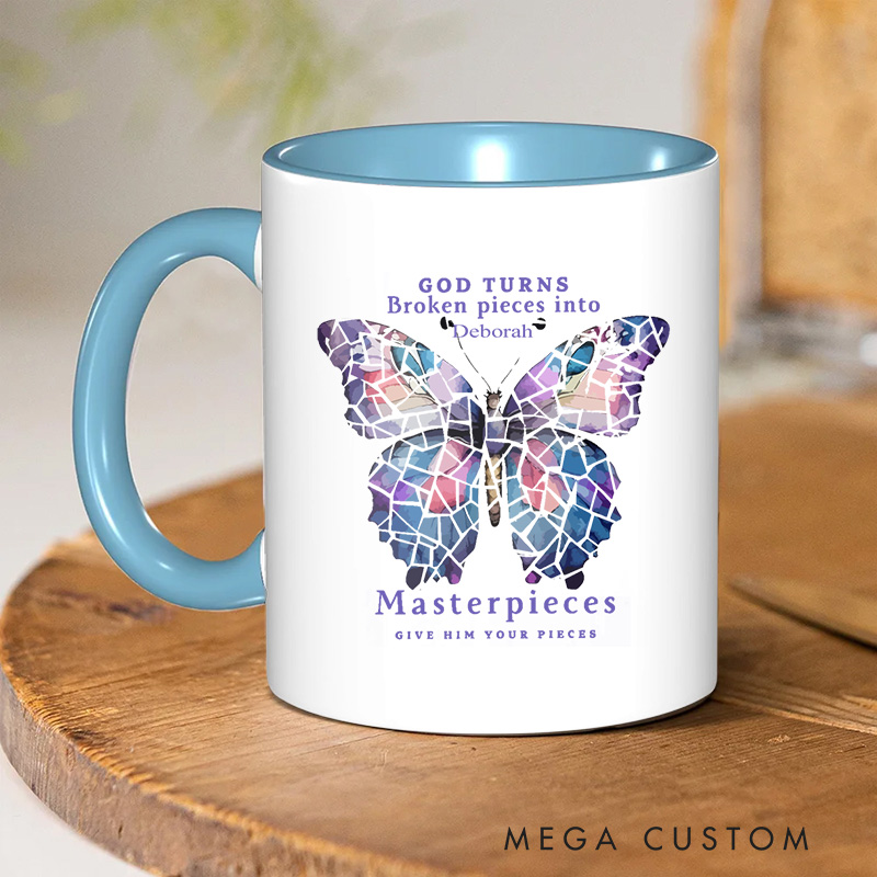 Personalized God Turns Broken Pieces Into Bible Verse Inner Color Ceramic Mug with Name Birthday Religious Inspirational Gift for Christian