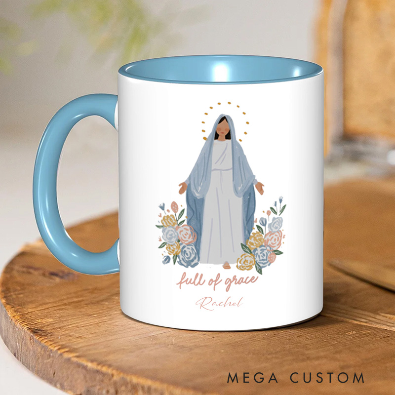 Personalized Full of Grace Virgin Mary Ceramic Mug with Name Religious Inspirational Gift Catholic Gift for Women