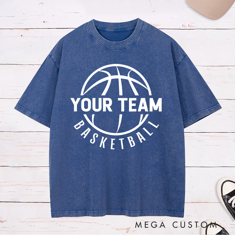 Personalized Washed T-Shirt Design Featuring a Bold Basketball Graphic with Customizable Team Name and Arched Text