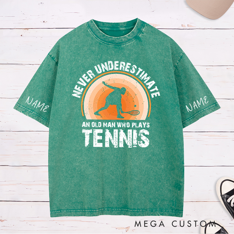 Personalized Tennis Washed T-Shirt with "Never Underestimate" Graphic and Custom Name