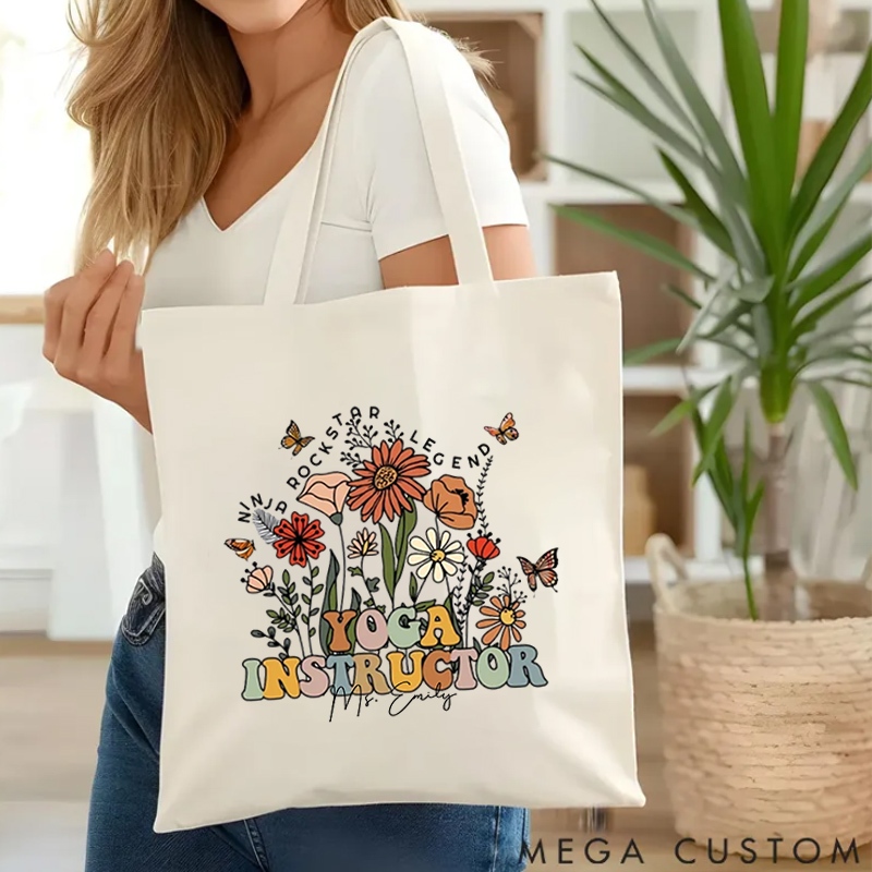 Personalized Yoga Instructor Tote Bag with Floral and Butterfly Design Custom Name Yoga Tote Bag Gift Idea for Yoga Lover