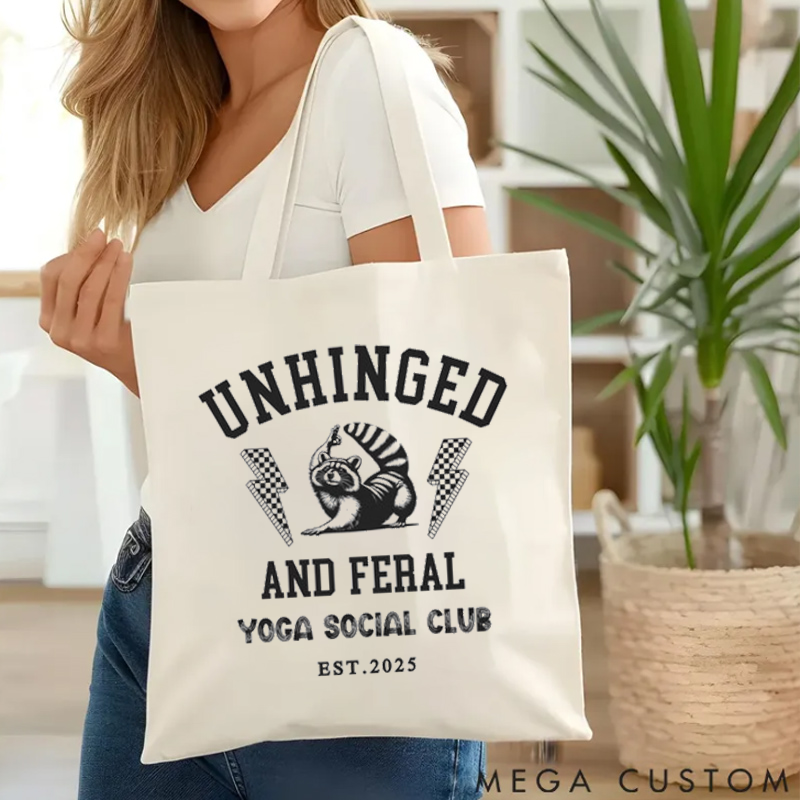 Personalized Funny Tote Bag with Unhinged and Feral Yoga Social Club Design Custom Time Yoga Tote Bag Gift Idea for Yoga Lover