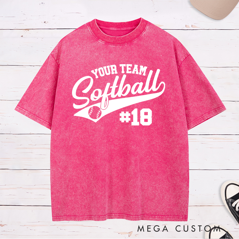 Personalized Softball Team Washed T-Shirt Design Featuring Customizable Team Name Elegant Script Softball Text Dynamic Swoosh Element Baseball Graphic and Custom Player Number