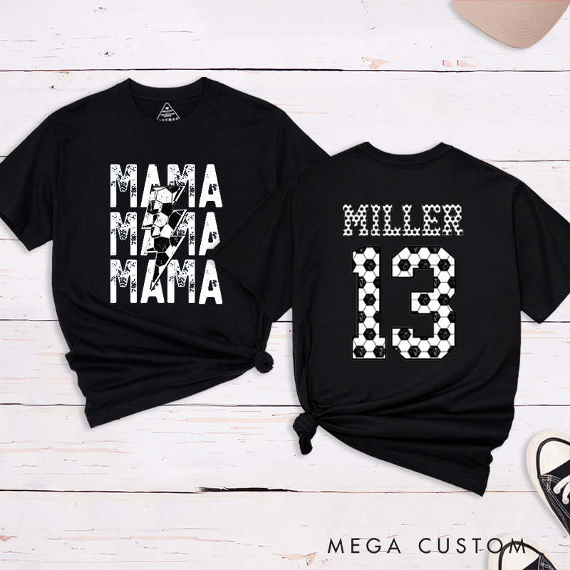 Personalized "Mama" Soccer T-Shirt with Custom Name and Number Design