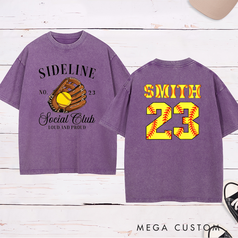 Personalized Softball Sideline Social Club Washed T-Shirt with Custom Name and Number Perfect Gift for Proud Fans Supporters and Players