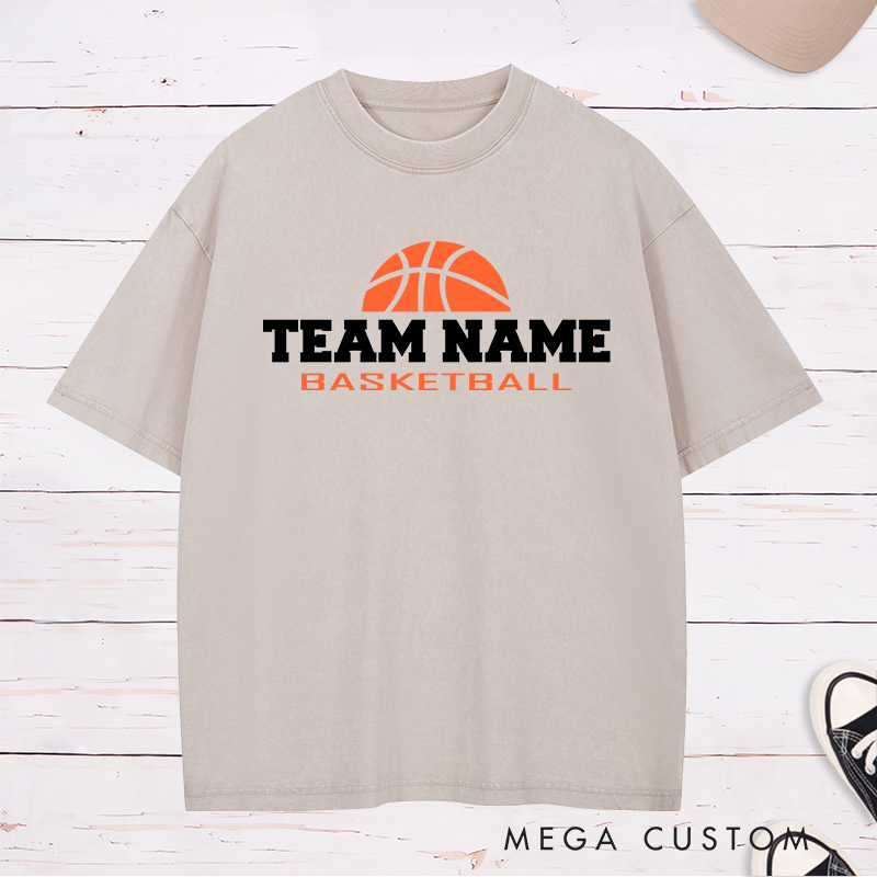 Personalized Basketball Team Washed T-Shirt Design Featuring Bold Customizable Team Name with Classic Basketball Graphic