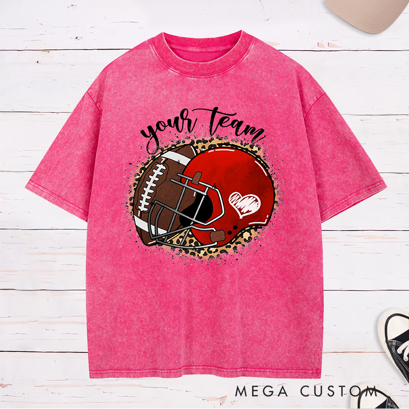 Personalized American Football Ball And Helmet Washed T-Shirts Featuring Custom Team Name