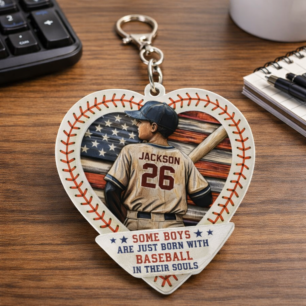 Personalized Baseball Heart Keychain Custom Name and Number for True Fans