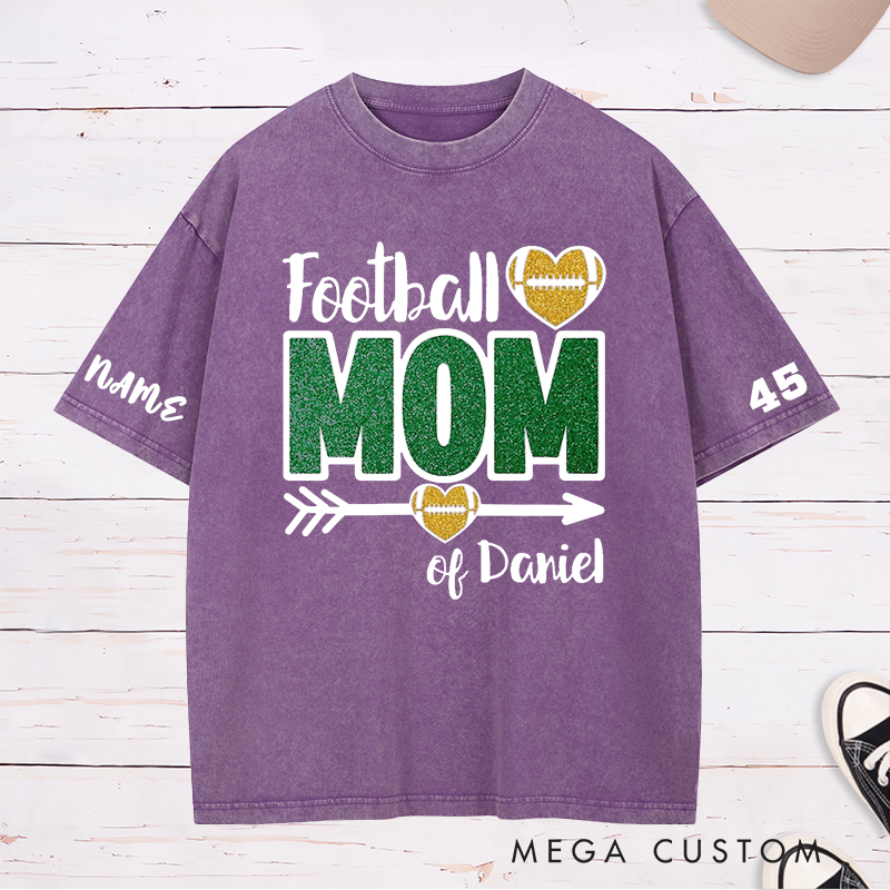 Personalized American Football Mom Washed T-Shirts Featuring Custom Team Name and Number for Game Day Fans