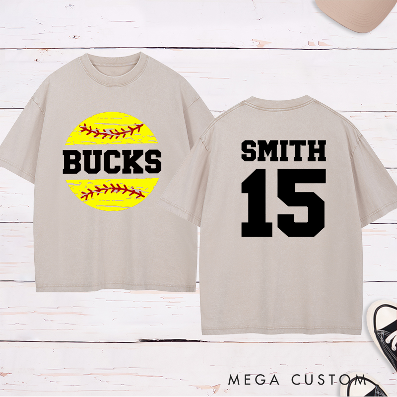 Personalized Softball Team Washed T-Shirt Design Featuring Custom Team Name Player Name and Number with Bright Softball Graphic