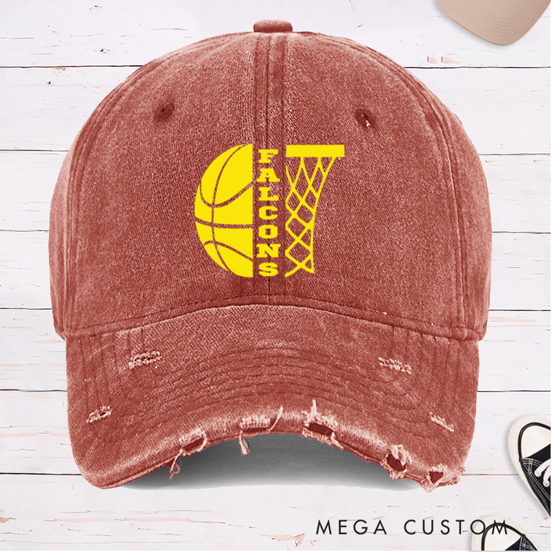 Personalized Distressed Basketball Cap with Custom Team Name and Minimalist Hoop Design