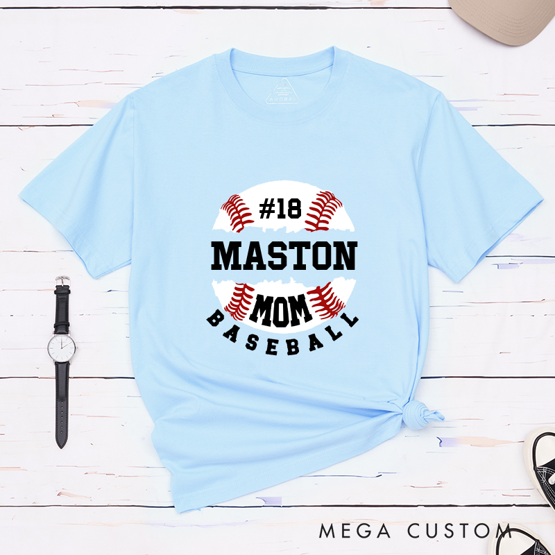 Personalized Baseball Mom T-Shirt with Custom Name and Player Number Design