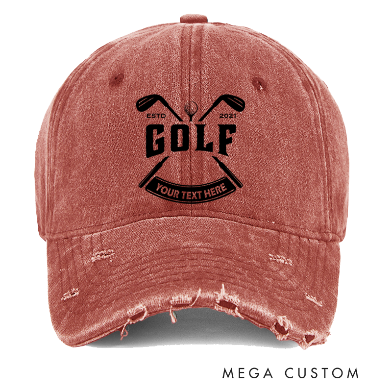 Personalized Golf Distressed Denim Baseball Cap with Customizable Text Crossed Golf Club Design and ESTD Year for Golf Enthusiasts