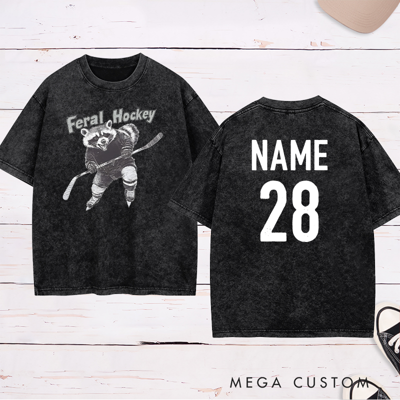 Personalized "Feral Hockey" Raccoon Washed T-Shirt with Custom Name and Number