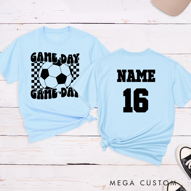 Personalized Game Day Soccer T-Shirt with Bold Checkerboard Design and Custom Name and Number