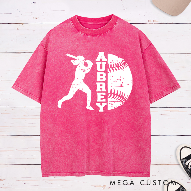 Personalized Softball Player Washed T-Shirt Design Featuring Batter Silhouette Distressed Softball Graphic and Customizable Name Text