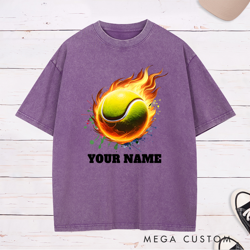 Personalized Tennis Washed T-Shirt with Flaming Ball and Custom Name 