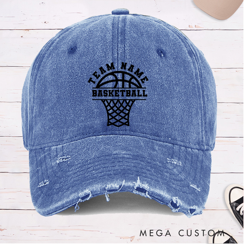 [Copy]Personalized Distressed Denim Basketball Cap with Custom Team Name Mascot and Heart Basketball Graphic Design