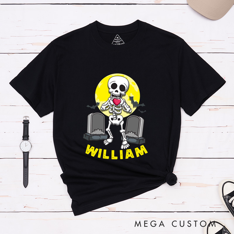 Personalized Couple Halloween Humorous Skull and Tombstone Matching T-Shirt 