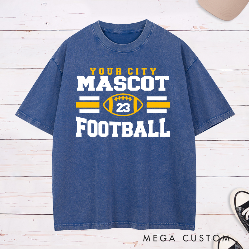 Personalized American Football Washed T-Shirts Featuring Custom Mascot, City and Number