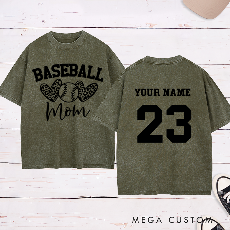 Personalized "Baseball Mom" Leopard Heart Washed T-Shirt with Custom Name and Number