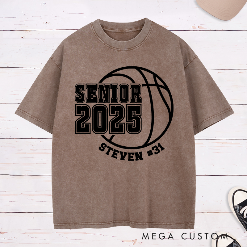 Personalized Washed T-Shirt Design Featuring Senior Year Basketball Graphic with Customizable Name and Number