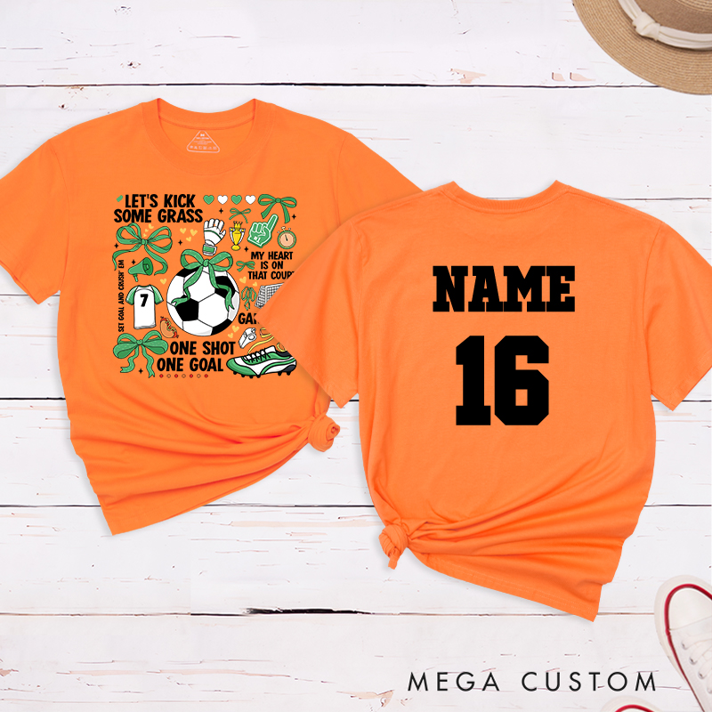 Personalized Soccer T-Shirt with Fun "Let's Kick Some Grass" Design and Custom Name and Number