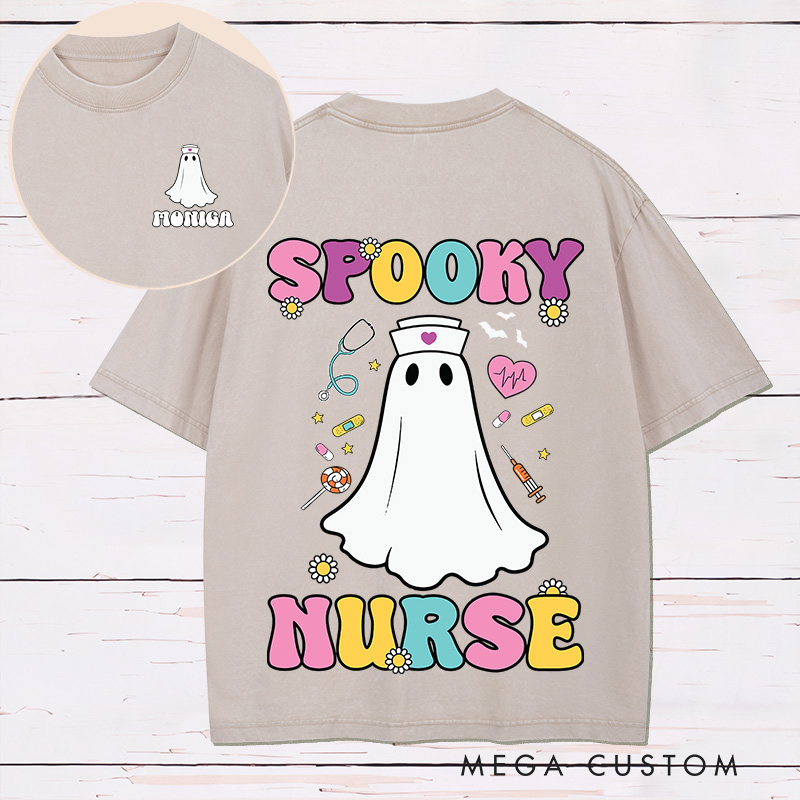 Personalized Nurse Two Sides Printed Washed T-Shirt Customized Spooky Nurse Design Washed T-Shirt 