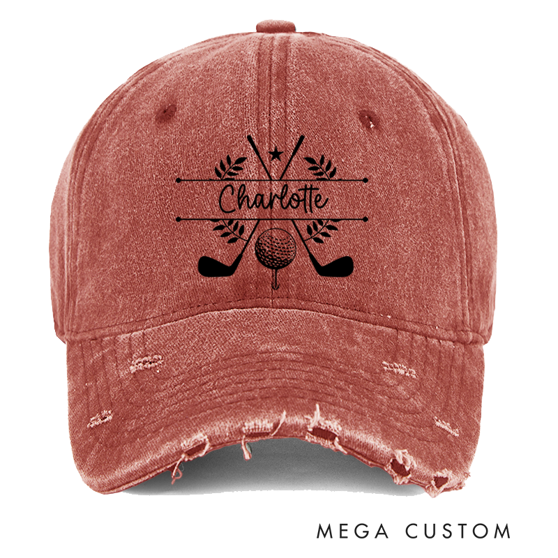 Personalized Distressed Denim Baseball Cap with Custom Name Golf Ball Crossed Clubs and Laurel Wreath Design