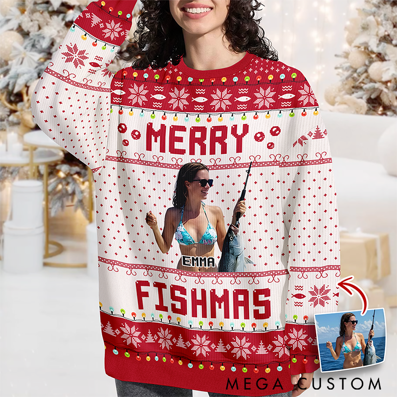 Personalized Merry Fishmas Ugly Sweater Funny Fishing Ugly Sweater Custom Photo and Name Funny Holiday Gift for Fishing Lovers