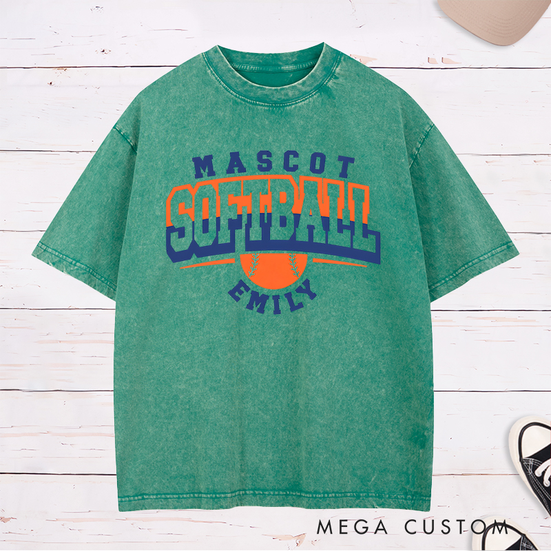 Personalized Softball Washed T-Shirt Design Featuring Team Name Bold Typography Softball Graphic and Custom Player Name Highlight
