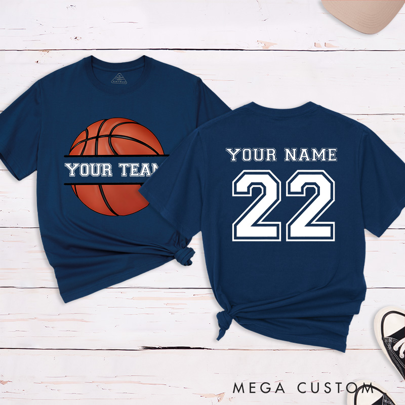 Personalized Basketball T-Shirt with Custom Team Name Player Name and Jersey Number Featuring a Classic Basketball Graphic