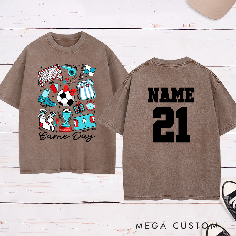 Personalized Game Day Soccer Washed T-Shirt with Fun Illustrated Graphics and Custom Name and Number
