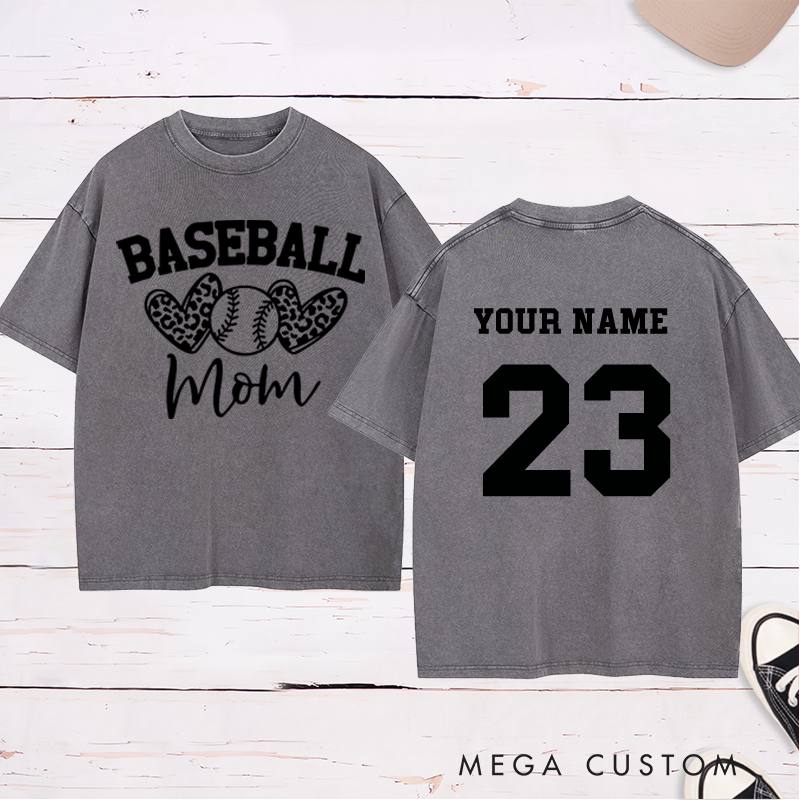 Personalized "Baseball Mom" Leopard Heart Washed T-Shirt with Custom Name and Number
