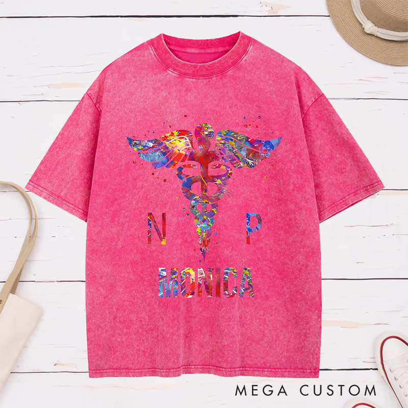 Personalized Nurse Washed T-Shirt Customized NP Colorful Caduceus Graphic Design Washed T-Shirt 