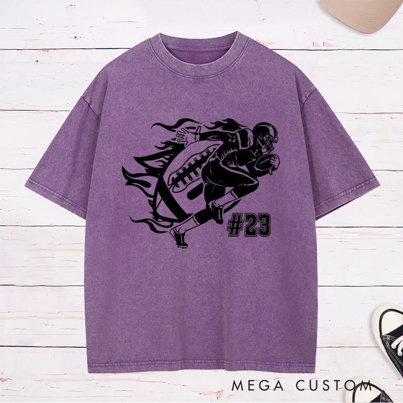 Personalized American Football Action Flames Washed T-Shirts Featuring Custom Number