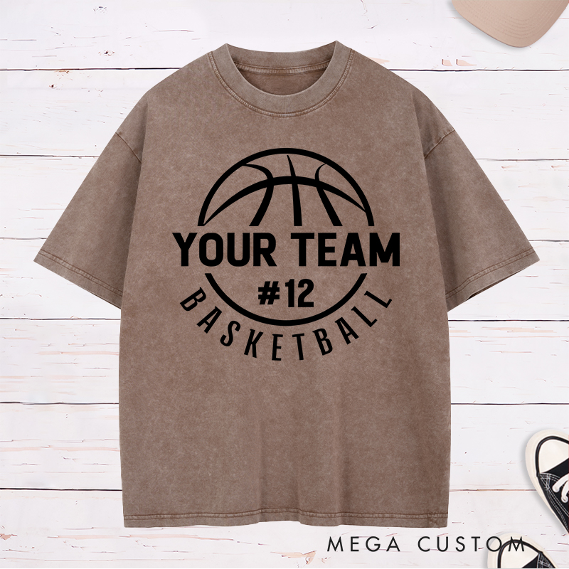 Personalized Washed T-Shirt Design Featuring a Circular Basketball Graphic with Customizable Team Name and Player Number
