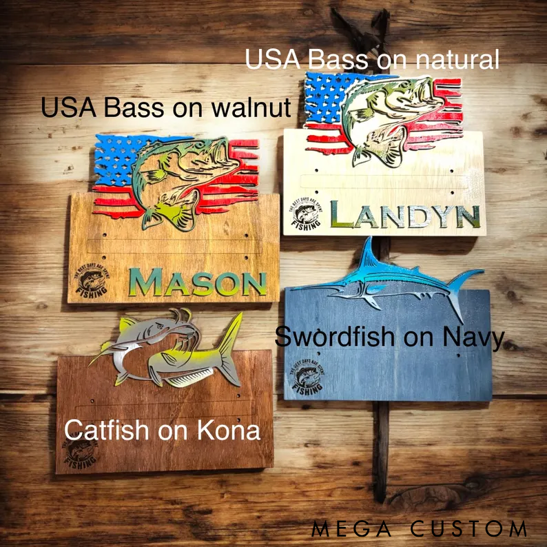 Personalized Fishing Rod Holder Wall Mount Custom Name Wooden Rack with Fish Design Perfect for Organizing Gear and Fishing Enthusiast Gifts