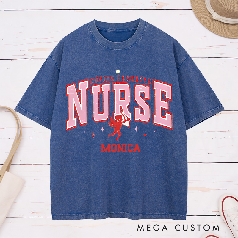 Personalized Nurse Washed T-Shirt Customized Cupid's Favorite Nurse Design Washed T-Shirt 